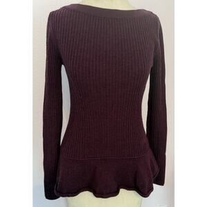 Tory Burch Sweater Sz MED 100% Merino Wool Plum Peplum Dressy Ribbed Soft Fitted